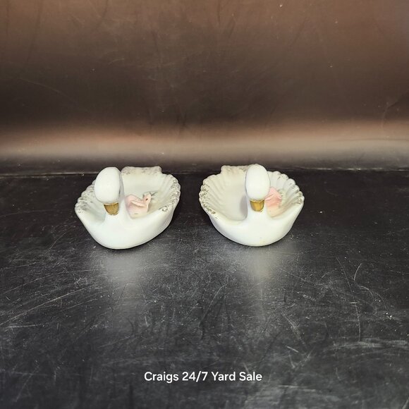 Pair Swan Porcelain Salt Cellars Roses Japan Mid Century MCM Vintage - Picture 2 of 8